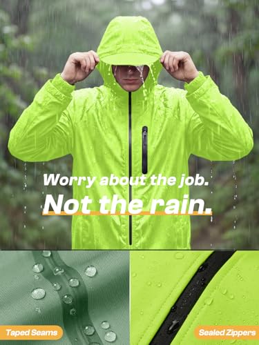 SaphiRose Men's Waterproof Rain Gear 2pcs/set Packable Rain Suit for Working Fishing - color: Green/Reflective Strip, size: Large