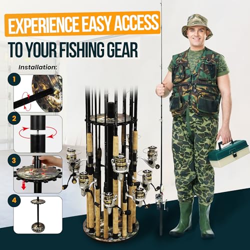 Rush Creek Creations 16-Rod Round Fishing Rod Holder for Garage, 360° Access Fishing Pole Holder for Rods, Reels, Gear, Accessories, and Tackle Box, Securely Holds 16 Rods, Bass - color: Bass