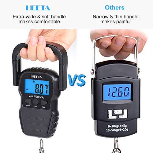 HEETA Fish Scale with Backlit LCD Display, Up to 110lb/50kg Digital Portable Hanging Fish Weight Scale with Hook & Measuring Tape for Home, Farm, Outdoor, Hunting, Fishing, 2 AAA Batteries Included - color: Black