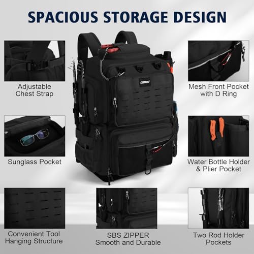 Goture Fishing Backpack, IPX EVA Bottom 55L Large Fishing Tackle Bag with Rod Holder, Rain Cover for Camping Hiking, 600D Fishing Bag Storage with 8 Lure Pockets, Fishing Gear and Equipment Black