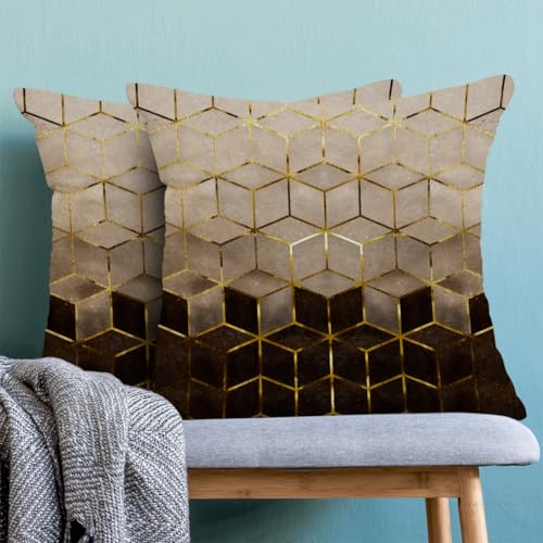 Boho Brown Pillow Covers 16x16 Inch Set of 2 Abstract Brown Golden Geometric Throw Pillows Outdoor Decorative Modern Art Cubic Pillowcase Linen Cushion Cases for Bed Sofa Couch - color: Brown Gold Geometric, size: 16" x 16" (Pack of 2)