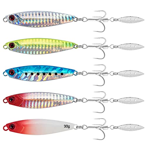 Dr.Fish 5 Pack Metal Jigging Spoon Saltwater Fishing Jigs Spoons Lures Casting Vertical Diamond Jig Lures Freshwater Bass Striper Mackerel Halibut - size: 1oz-Hook 4#