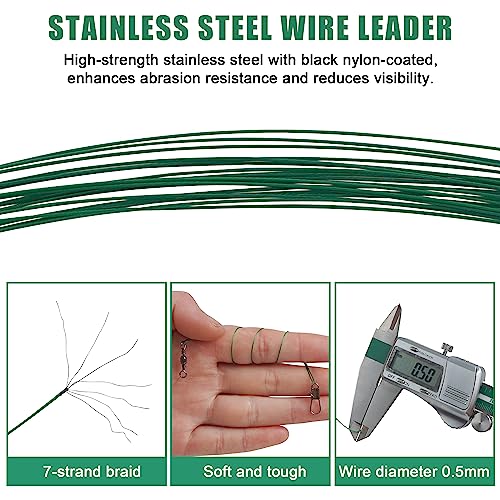 Fishing Leaders Saltwater,60pcs Stainless Steel Wire Leaders with Swivels Snap High Strength Fishing Line Leader for Connect Fishing Tackle Lure Bait Rig Hooks,6/8/10inch - color: Green - 60pcs (6"+8"+10")
