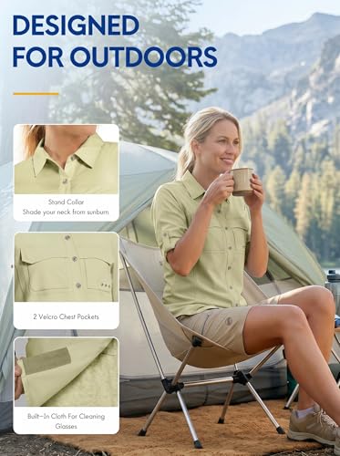 Haimont Women's UPF 50+ Long Sleeve Hiking Button Down Shirt | Quick-Dry, Mesh Back Vents, Roll-Up Tabs, Rod Holder, Lens Cloth, Camping & Travel - color: Khaki, size: Medium
