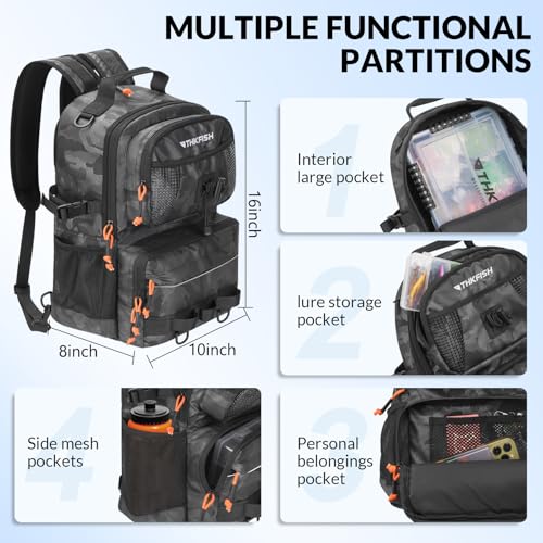 THKFISH Fishing Backpack Tackle Sling Bag, 20L Tackle Backpack with Rod Holder Store Fishing Gear, Gifts for fishermen - color: Black Camo