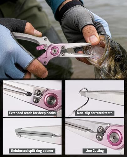 CVLIFE Fishing Pliers, Saltwater Hook Remover Kit, 7.5 Inch Aluminum Split Ring Pliers for Fishing with 17-4 PH Stainless Steel Jaws, Sheath, Tungsten Cutters Hook Sharpener & S-Carabiner - color: Pink