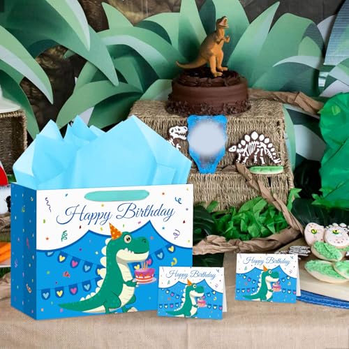 Hooqict Large Dinosaur Gift Bag with Handles, Tissue Paper and Greeting Card Blue Dinosaur Happy Birthday Party Bag for Boys Kids Goodie Treat Candy Party Favors - color: Dinosaur