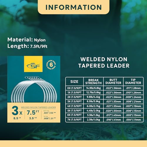 SF Pre-Tied Loop Fly Fishing Tapered Leader Nylon Clear Trout Freshwater Saltwater Bonefish Permit Bass Salmon Steelhead 7.5FT 9FT 10FT 12FT 15FT 0X 1X 2X 3X 4X 5X 6X 7X - size: 7.5FT-3X, style: Freshwater Weled Loop 6-pack