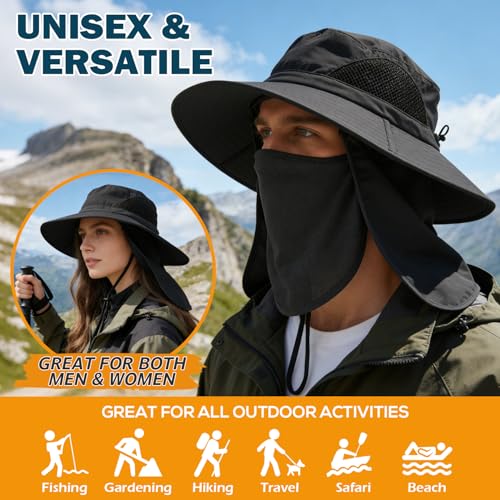 Wide Brim Sun Bucket Hat, Waterproof Boonie Hat for Men & Women | UPF 50+ UV Protection, Adjustable Fit, Chin Strap & Sweatband, Foldable Durable for Fishing Hiking Garden Beach - color: 07 Black (Full Coverage)