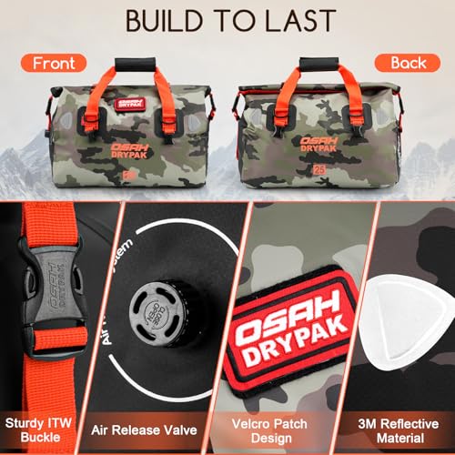 OSAH DRYPAK Waterproof Duffel Bag - Motorcycle Dry Bag Tail Bag with Large Storage Space, Waterproof Luggage Duffle Bags with Outer Mesh Zipper Pocket for Camping, Kayaking, Fishing & Traveling - color: Camouflage, size: 25L