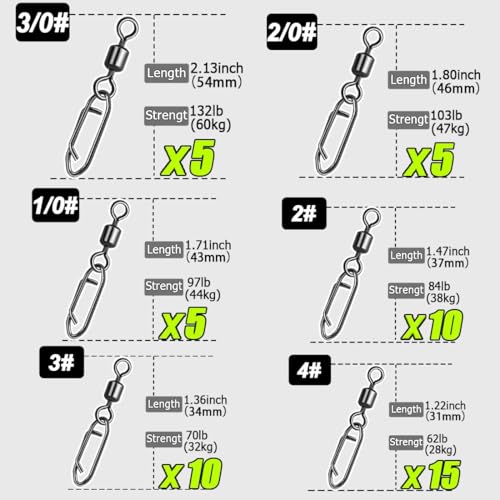 9KM DWLIFE Fishing Speed Clips 50Pcs Quick Change Fishing Swivels & Snaps Fishing Speed Clips Barrel Swivels Fishing Tackle Saltwater Fishing - size: SET(4#-3/0#)