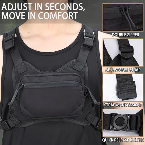 MGFLASHFORCE Chest Bag for Men and Women, Chest Rig Pack Front EDC Pouch Running Vest Phone Holder for Workout, Hiking and Outdoor Sports - color: Black