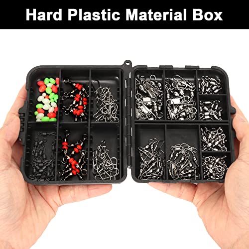 Realure 160 Pcs/box Fishing Swivel Snaps Kit Sea Fishing Barrel Swivel Snaps Ball Bearing Swivels Fishing Tackle with Multiple Fishing Swivels and Clips Luminous Fishing Beads for Saltwater Freshwater