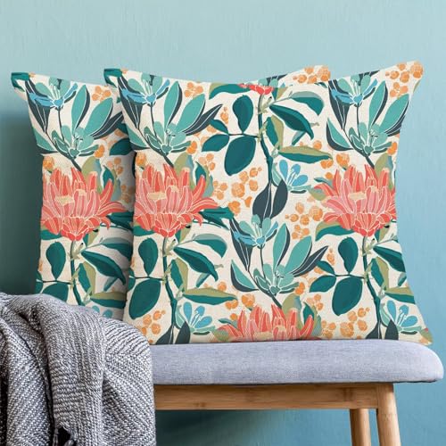 AEIOAE Floral Pillow Covers 16 x 16 Inch Set of 2, Green Coral Orange Flower Leaves Print Decorative Outdoor Throw Pillow Covers Linen Farmhouse Teal Blue Pillowcase for Couch Home Sofa Decor - color: Outdoor Floral1, size: 16" x 16" (Pack of 1)