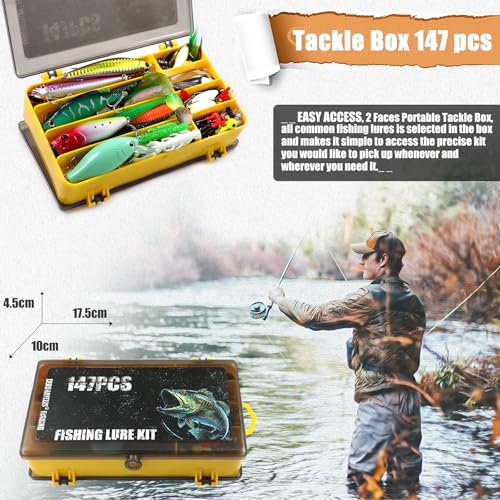 EXAURAFELIS Fishing Lures,Tackle Box with Tackle Included, Crankbaits, Spoon, Shrimp Worm Bait, Hooks,Weights & Other Accessories, Fishing Lures kit Lure Set for Bass Trout Salmon - color: Black-147pcs