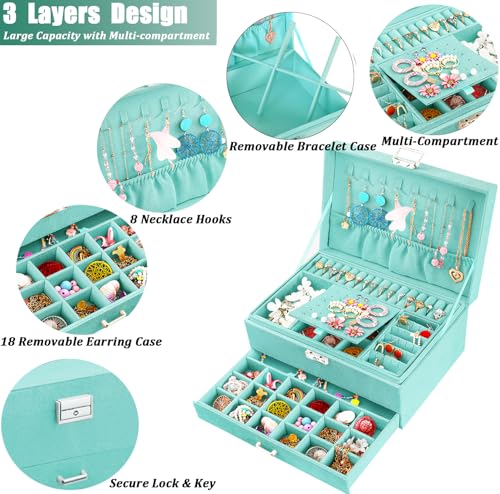 QBestry 3-Layer Jewelry Box for Girls & Teens with Lock and Key, Large Jewelry Organizer with 8 Necklace Hooks & 56 Earring Holes, Teal Velvet Jewelry Storage Box for Necklaces Earrings Rings Bracelet - color: Turquoise