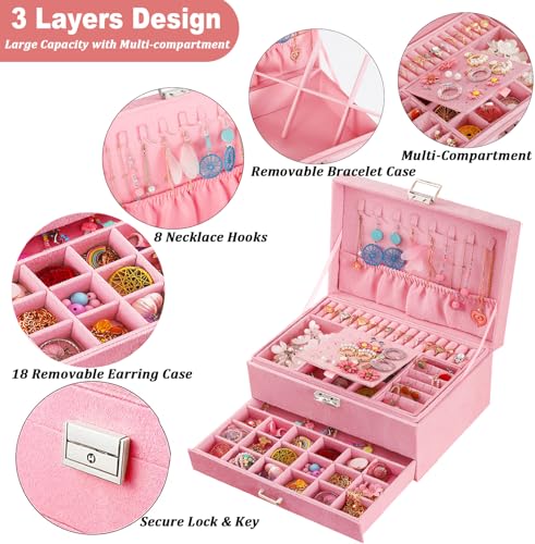 QBestry 3-Layer Jewelry Box for Girls & Teens with Lock and Key, Large Jewelry Organizer with 8 Necklace Hooks & 56 Earring Holes, Pink Velvet Jewelry Storage Box for Necklaces Earrings Rings Bracelet - color: Pink