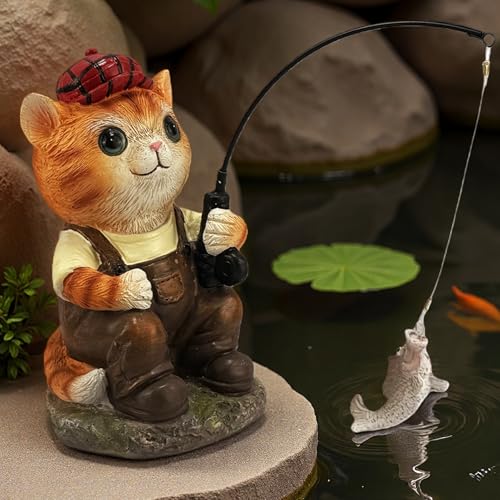 GARDEN WHISPER Cat Statue Outdoor Koi Pond Garden Decoration, Cat Decor for Yard 7.1'' Fishing Tabby Statue Outdoor Garden Decor, Fishing Guy for Waterfalls or Koi Pond Additioanl, Gifts for Mom - color: Fishing Cat（orange）