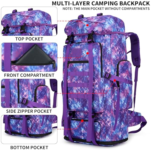Hiking Backpack for Men 70L/100L Camping Backpack Military Rucksack Molle 3 Days Assault Pack for Climbing | Camping Backpack - color: 100l-purple Tie-dye