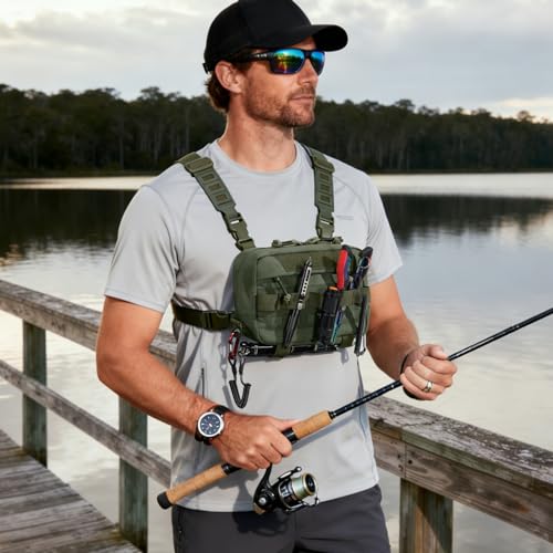 Outdoor Chest Bag for Men, Water-Resistant Fishing Chest Pack, Tactical Vest for Running, Cycling, Hiking - color: Green