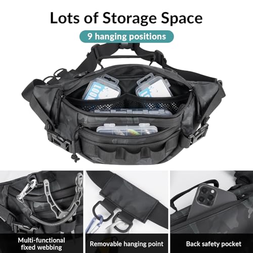 THKFISH Fishing Waist Pack, Fishing Tackle Bag Waterproof Fanny Pack for Women & Men Portable Sling Bag - color: Black Camo-REGULAR