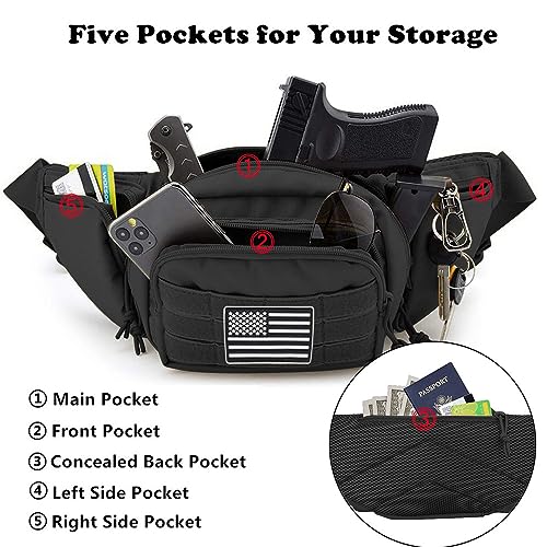 Tactical Fanny Pack Gun Holster Concealed Carry Pistol Military Tactical Waist Bag Waterproof Molle EDC Pouch with USA Flag Patch - color: Black