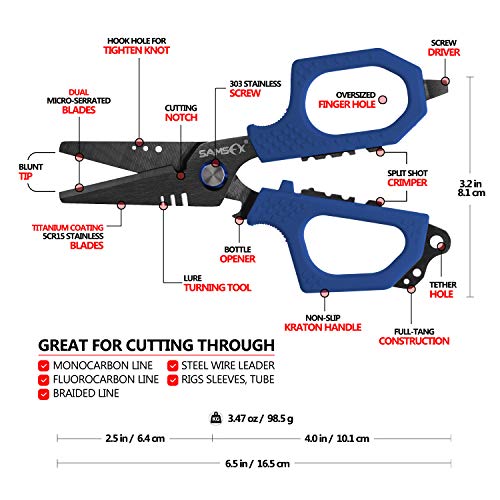 SAMSFX 6.5" Pro Fishing Shears Dual Serrated Blades, Fishing Braided Line Scissors with Titanium Coating, Non-Slip Grip & Multifunction Tool, Includes Hard Molded Locking Sheath & Coiled Lanyard - color: A: Blue Kraton Handle, Hard Sheath