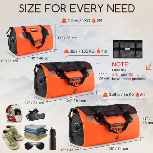 OSAH DRYPAK Waterproof Duffel Bag - Motorcycle Dry Bag Tail Bag with Large Storage Space, Waterproof Luggage Duffle Bags with Outer Mesh Zipper Pocket for Camping, Kayaking, Fishing & Traveling - color: Orange, size: 25L