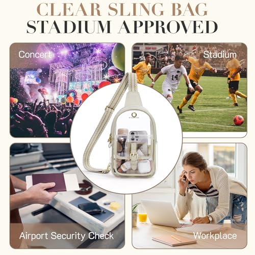 Missnine Anti-Theft Clear Sling Bag Clear Fanny Pack Stadium Approved Crossbody Bag Purse Trendy Heavy Duty Transparent Chest Bags with Guitar Strap for Concerts Sport Events - color: L-khaki[anti-theft]