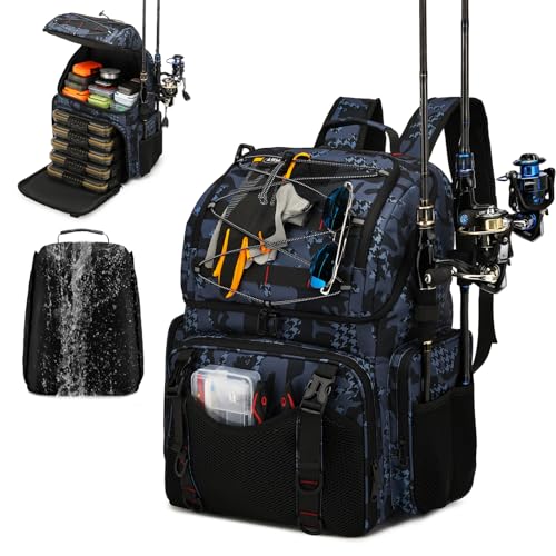 RUCYEN Fishing Backpack, 45L Large Cooler Fishing Tackle bag with Rod Holders & Rain Cover, Water-resistant Store Fishing Gear - color: Black Camo
