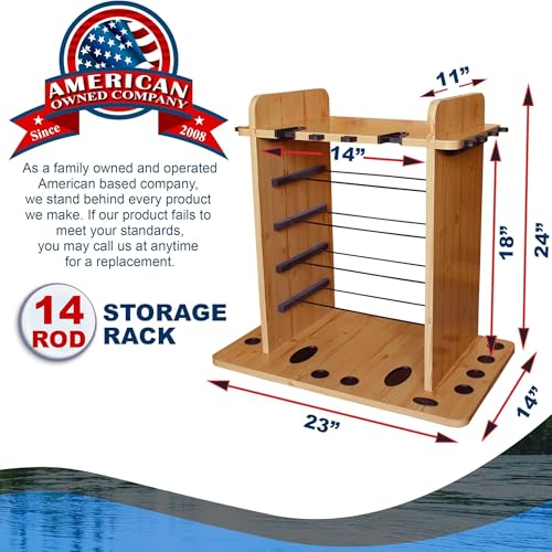 Rush Creek Creations Fishing Rod Holder for 14 Saltwater/Freshwater Rods, Fishing Pole Holder w/ up to 4 Fishing Gear Tackle Box Storage for Garage Organization/Boat Storage for Fishing Accessories | Fishing Pole Holder - color: Light Wood