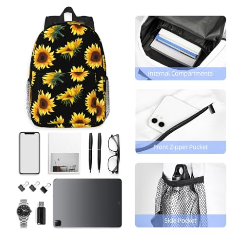 Sunflower Flower Floral Black 15 Inch Backpack Laptop Travel Bag For Men Women With Multiple Pockets Casual Hiking Gym Sport - color: Sunflower Flower Floral Black