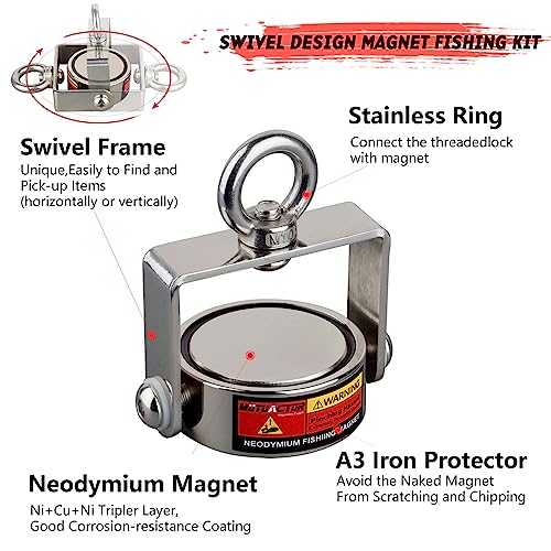 MUTUACTOR Fishing Magnet Kit,Combined 1360lb Strong Rotatable Magnet Fishing Heavy Duty,Φ2.91''Permanent Neodymium Rare Earth Magnets with 65Ft Salvage Rope,Gloves for Retrieving Treasures - style: 1360lb Swivel Magnet (Double Sided)--Φ 2.91"