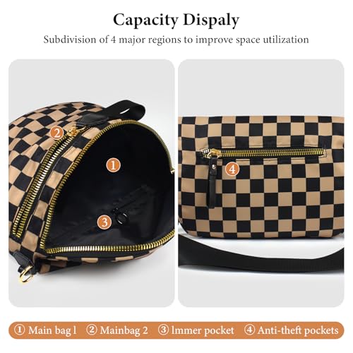 Crossbody Bags for Women, Checkered Bum Bag Crossbody, Spacious Nylon Shoulder Handbag Mom Bag (khaki checkered) - color: khaki checkered