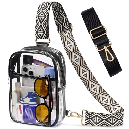 3 Pockets Clear Bag for Stadium Events with 2 Long Straps Sling Backpack Fanny Pack Concert Crossbody Purses for Women - color: 1# Black-b, style: Style 1