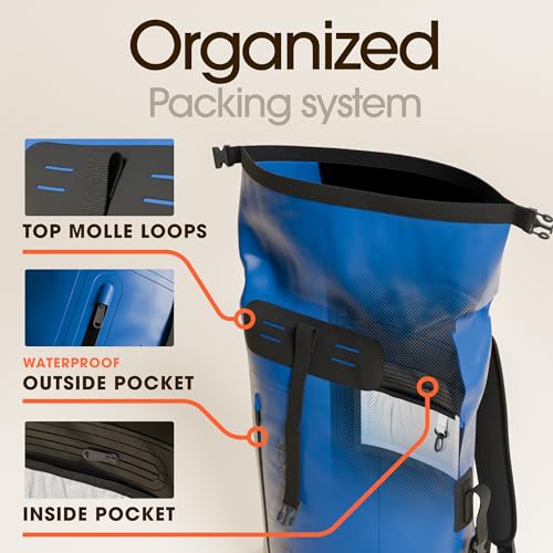 Earth Pak Waterproof Backpack - Heavy Duty Roll-Top Closure with Easy Access Front-Zippered Pocket and Cushioned Padded Back Panel for Comfort with IPX8 Waterproof Phone Case, Blue, 85L, Messenger Bag - color: Blue, size: 85L