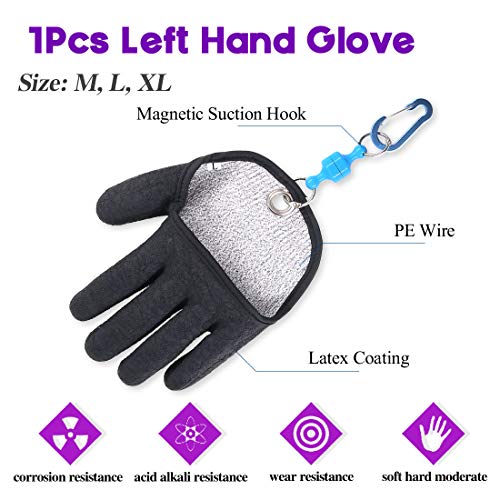 Swpeet 2Pcs Fishing Gear Set, Fisherman Professional Fishing Glove with Magnet Hooks Release and Fishing Pliers Cutters Split Ring Pliers Hook Remover Fish Holder Sheath Lanyard - color: Left, size: Large