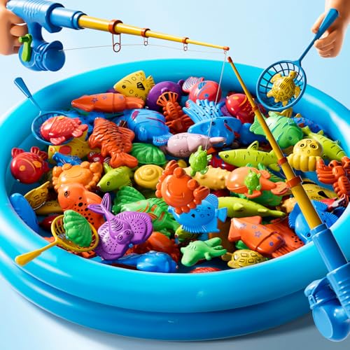 Magnetic Fishing Pool Toys Game for Kids Toddlers 3-5 4-8, Fishing Water Table Bathtub Toy with Inflatable Pool Pole Rod Net Plastic Floating Fish, Water Bath Pool Outdoor Toys for Kids Toddlers Baby - style: 44Fish+3Rod+3Net+Pool