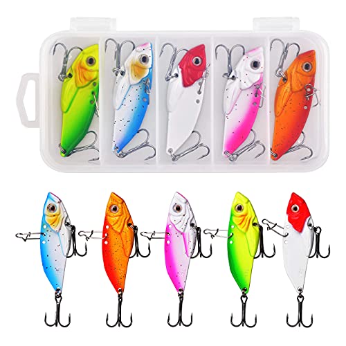 5Pcs Fishing Spoon Lures Metal VIB Hard Spinner Blade Baits with Treble Hooks 3D Eyes Fishing Spoons for Bass Walleyes Trout