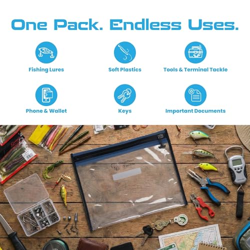 Reaction Tackle Waterproof Clear Tackle Bags, Dive Rated Zipper Submersion Proof Storage for Soft Plastics and Lures, Gusseted and Flat for Boats and Kayaks, 14x9 in, 2-Pack - size: 14x9 in, 2-Pack