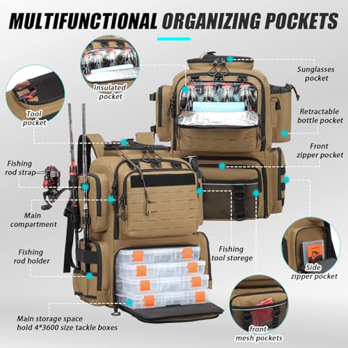 Tactical Fishing Backpack with Tackle Boxes, Rod Holders & Bottle Holder, 50 L Large Insulated Fishing Tackle Box Backpack with Cooler, Fishing Bag Store Gear & Equipment, 900 D Oxford, Brown - color: Brown