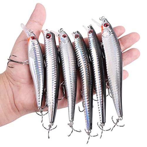 OROOTL Saltwater Fishing Lures Kit, 6 Pack Assorted Surf Fishing Jerkbait Minnow Lures Hard Baits Popper Plugs for Striped Bass Offshore Ocen Gear Tackle