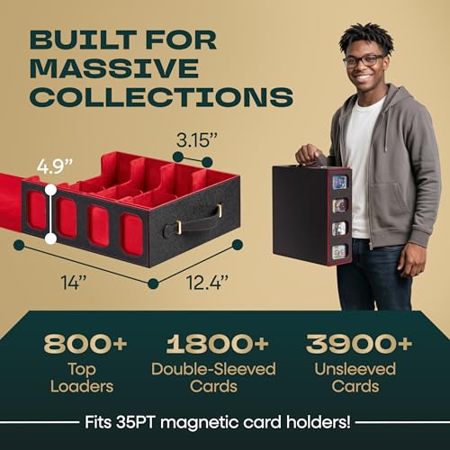 4-Row Mtg Trading Card Storage Box With Display Windows - Magnifier Ruler, 2 Display Stands, 6 Cardholders - 3000+ Card Case With Magnetic Closure, Sports TCG Card Organizer - Red Card Boxes - color: Black, Red (4 Row)