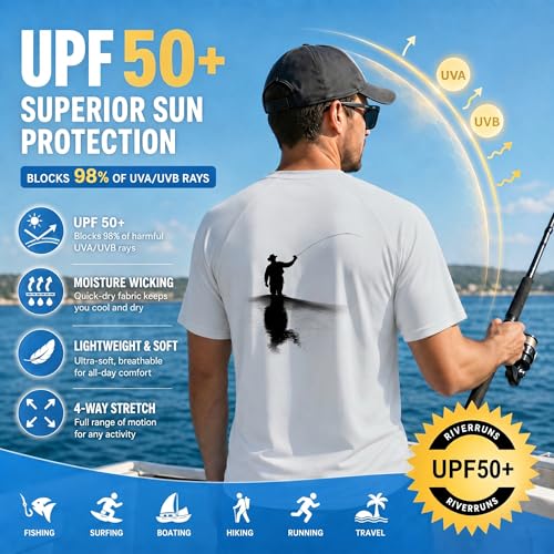 Riverruns Men's Fishing Shirt Short Sleeve UPF 50+ UV Sun Protection T-Shirt Rash Guard Swim Shirt #1024 - color: Light Gray / Fly Fishing, size: Small