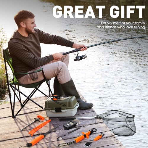 RoundFunny 10 Pcs Fishing Tool Kit, Fishing Pliers with Lanyard and Protective Sheaths, Landing Net, Fillet Knife, Fish Scale, Gripper, Hook Remover, Braid Scissors, Gloves for Men Dad Gift - color: Orange