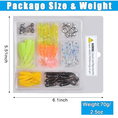 Soft Plastic Fishing Lure Jig Head Hook Kit,Grub Worm Lures Crappie Jigs Head Grub Tail Swimbait Tube Bait Jigs for Saltwater Freshwater, Trout Crappie Fishing - color: 48PCS Sets