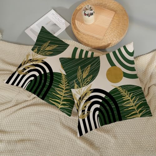 Boho Green Pillow Covers 18x18 Set of 2 Green Gold Leaf Tropical Decor Mid Century Throw Pillows Outdoor Bohemian Decorative Pillowcase Farmhouse Abstract Modern Cushion Case for Couch Sofa - color: Mid Century-green 1, size: 18" x 18" (Pack of 2)