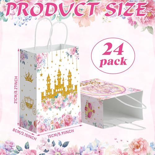 Kosiz 24 Pcs Princess Party Favors Bags Paper Little Princess Gift Goodie Bags with Handles Pink Floral Castle Crown Carriage Candy Treat Pouch for Girls Birthday Baby Shower Party Decoration Supplies - style: Princess