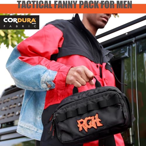 Rough Enough Tactical Fanny Pack for Men Crossbody Fashion Waist Packs with Molle System Stormproof Cordura Hiking Travel Fishing Chest Bag Black