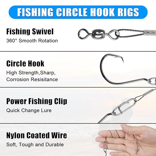 AGOOL Circle Hooks Rigs Saltwater Stainless Steel Leader Wire, 20pcs Heavy Duty Circle Hook with Leader Wire Bass Catfish Fishing Lure Rig for Catfish, Shark, Surf & Bottom Fishing 8/0